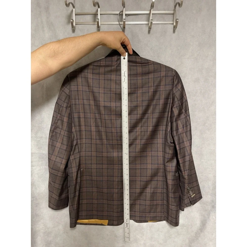 Tom James Blazer Men 44R Brown Blue Tartan Plaid Surgeon Cuffs Flannel Bespoke